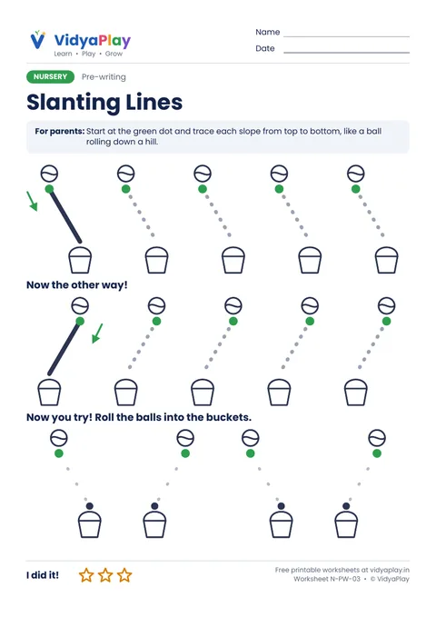 Slanting lines worksheet: roll the ball into the bucket