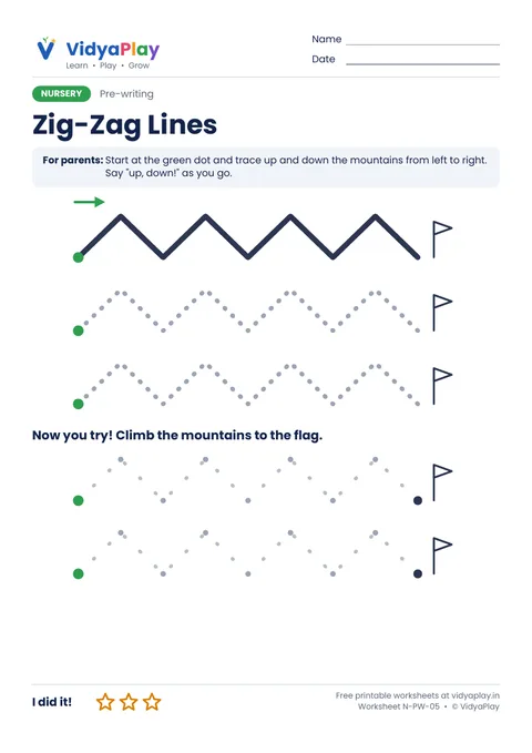 Zig-zag lines worksheet: climb the mountains to the flag