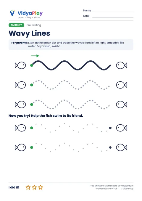 Wavy lines worksheet: help the fish swim to its friend